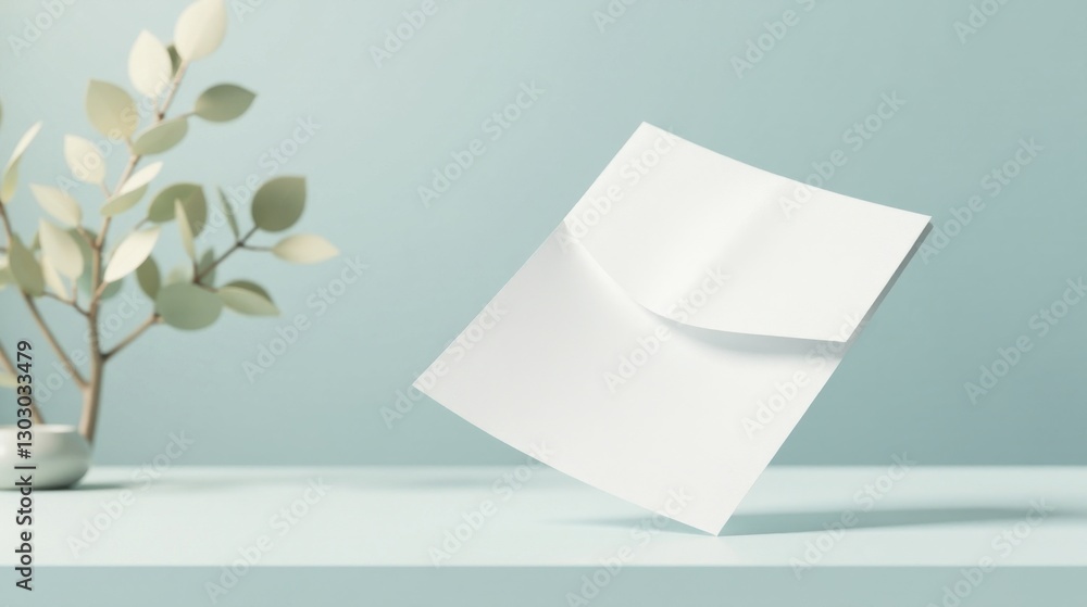 Poster Blank Paper Mockup  A Serene Minimalist Scene Featuring a Floating Sheet of Paper and Simple Greenery