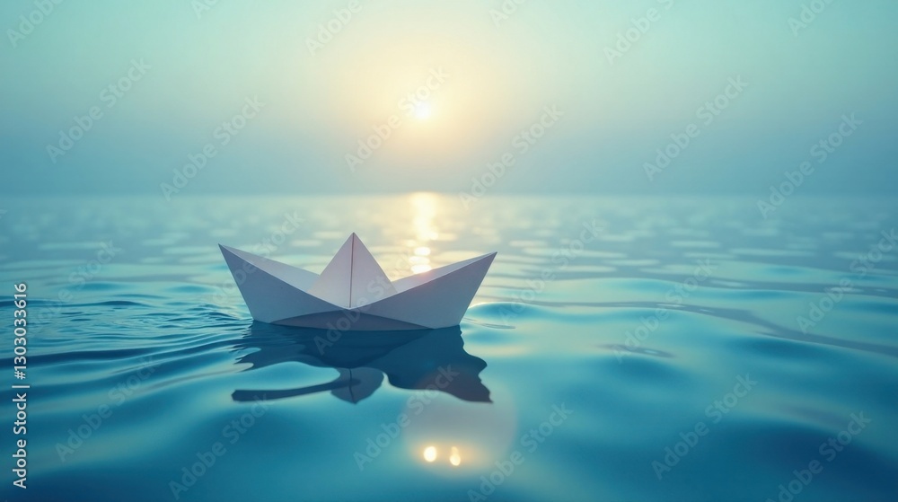 Poster a solitary paper boat glides serenely across a tranquil expanse of water, bathed in the soft glow of