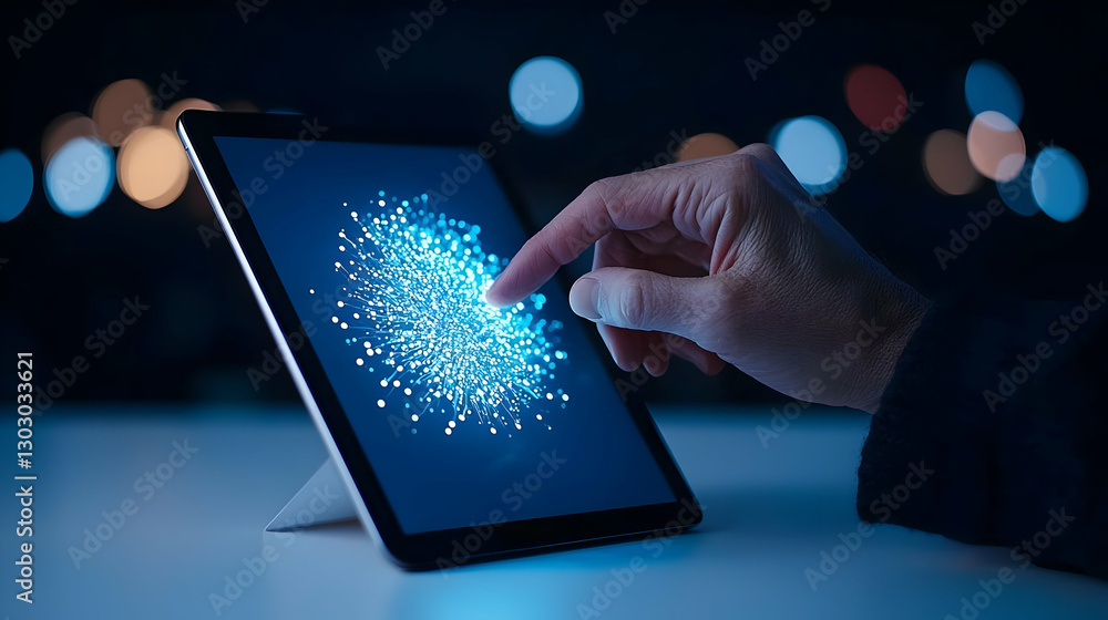 Poster hand interacting with digital display in dark environment with lights