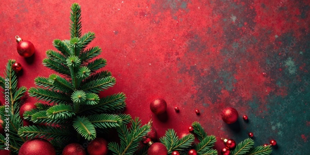 Poster a festive arrangement of evergreen branches and sparkling red ornaments on a deep red background, pe
