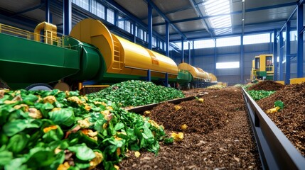 Industrial Composting Facility Organic Waste Processing with Yellow and Green Machinery