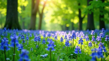 Serene Woodland Scene Featuring a Carpet of Vibrant Blue Spring Blossoms Basking in the Golden Sunlight Filtering Through a Canopy of Lush Green Trees