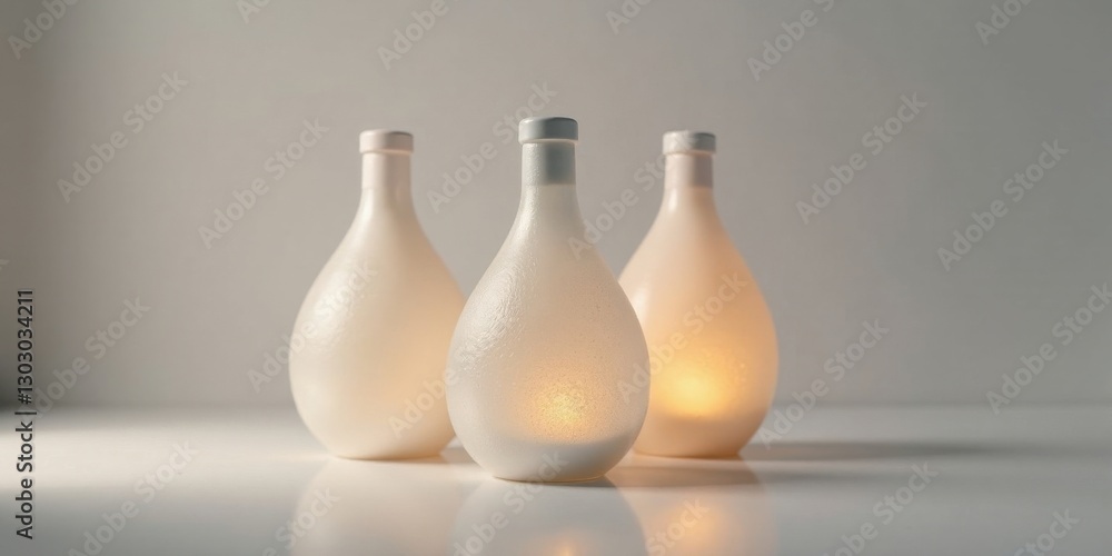 Aufkleber Illuminated teardrop-shaped vessels arranged in a symmetrical composition on a reflective surface