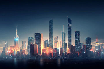 Obraz premium A futuristic city skyline featuring abstract data visualizations and luminous elements that symbolize technology and analytics.