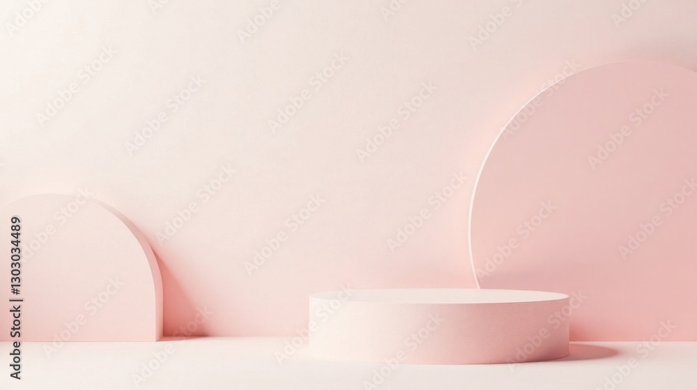 Aufkleber pastel pink minimalist product display with cylindrical platforms and abstract shapes