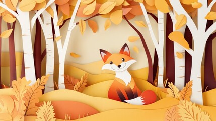 Paper art style of autumn landscape with happy fox sitting in a forest vector