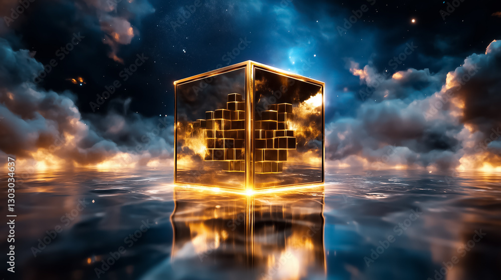 Poster an intricate fractal cube, formed by a multitude of smaller cubes, hovers gracefully in an expansive