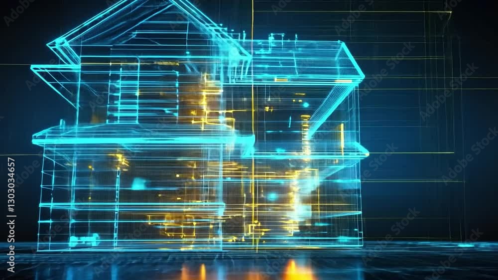 Poster blueprint for tomorrow: a futuristic architectural blueprint glows with a network of digital lines, 
