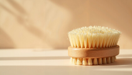 Minimalist wooden dry brushing body brush in sunlight