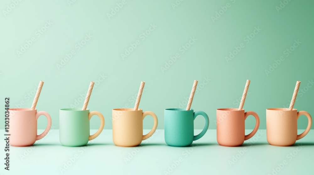 Poster colorful 3d rendering of paper straws inside various drink mugs on a soft green background