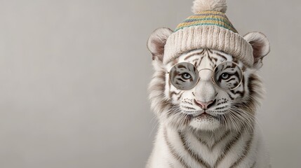 Majestic white tiger wearing glasses and hat in a playful studio setting animal kingdom creative photography