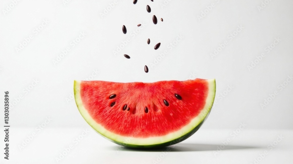 Poster a refreshing slice of watermelon with seeds falling onto a bright white background, perfect for summ