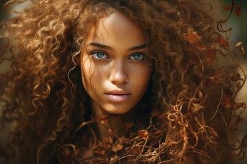 Fototapeta premium Close-up forest portrait of young woman with curly hair and natural elements intertwined in early morning light