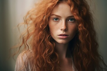 Fototapeta premium Captivating portrait of a young woman with curly red hair and freckles in soft natural light
