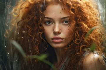 Fototapeta premium Young woman with vibrant curly red hair poses gracefully in a lush green setting, showcasing natural beauty and radiance in soft light
