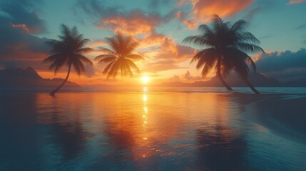 tropical sunrise over calm ocean beach with silhouetted palm trees background