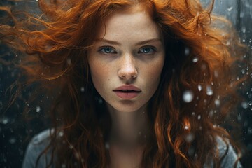 Naklejka premium Portrait of a young woman with curly red hair and striking features, captured with a blurred background in soft lighting