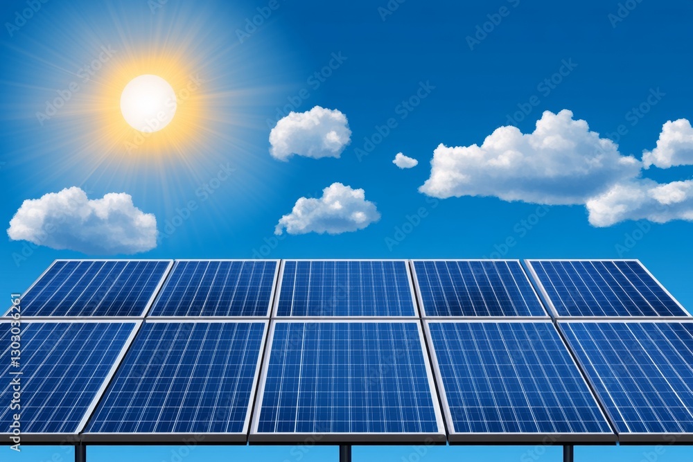 Poster a vector-style minimalist design of a solar panel with the sun shining above