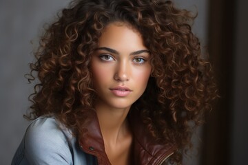 Naklejka premium Model with curly hair poses for a close-up portrait in a studio with soft lighting during morning hours