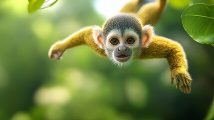Small Yellow Monkey Leaping Through Lush Green Foliage