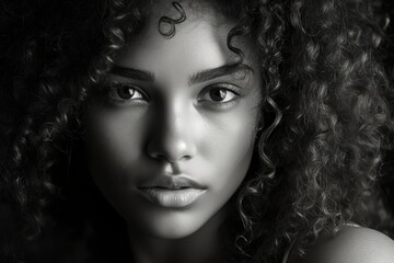 Fototapeta premium Portrait of a young woman with curly hair in dramatic black and white lighting