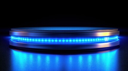 Metallic circular podium with blue LEDs on dark background
