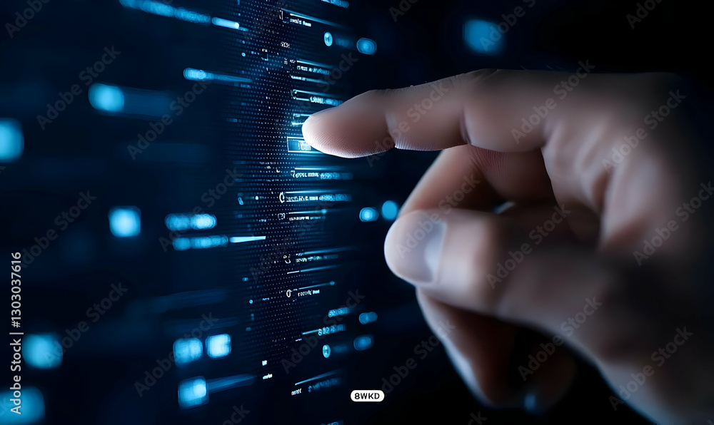Poster hand touching digital screen with data and technology interface
