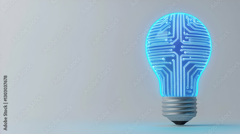 Poster futuristic led light bulb with circuit pattern on blue background