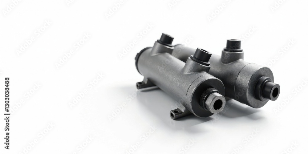 Poster Close-up view of two industrial metallic cylindrical components with multiple connectors, isolated on a bright white background.