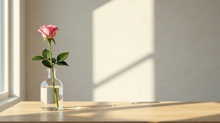 Single pink rose in a clear glass bottle on a light wood surface bathed in sunlight