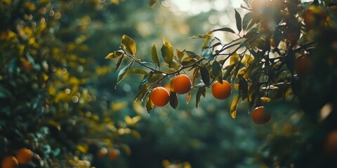 background of orange trees with oranges hanging on them, a blurred background