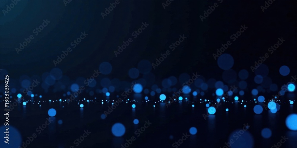 Poster abstract blue glowing particles floating on dark surface, representing a serene and mystical atmosph