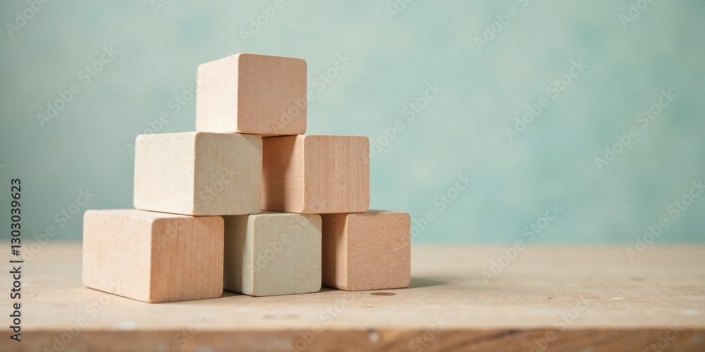 Poster wooden blocks arranged in a pyramid shape on a light wood surface against a pale teal backdrop. a si