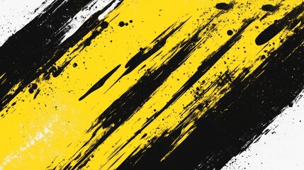 Abstract yellow and black paint strokes with dynamic splatter on white background