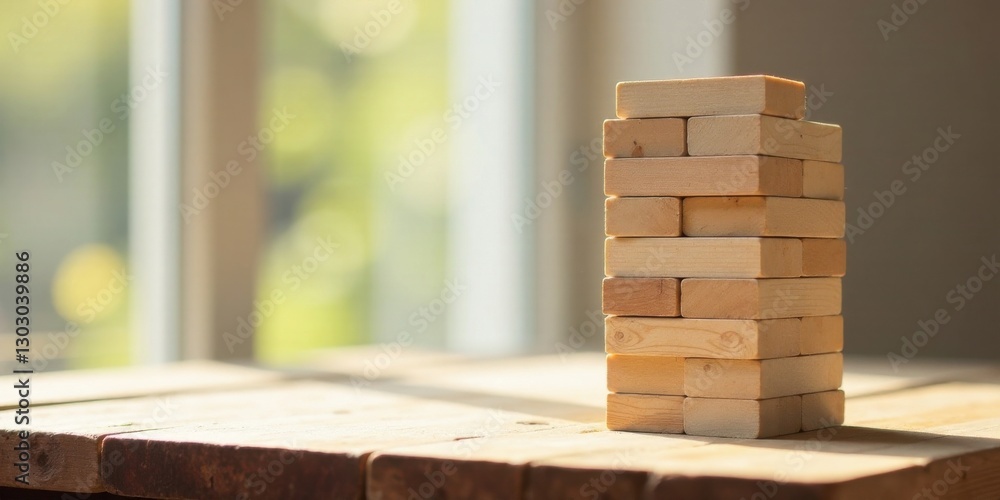 Aufkleber a carefully constructed tower of light-colored wooden blocks stands on a rustic wooden surface, bath