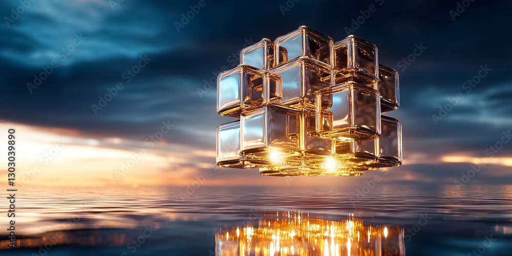 Poster a mesmerizing composition features a giant cube made of countless smaller cubes, suspended in a boun