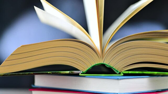 An open book lying on a stack of other books