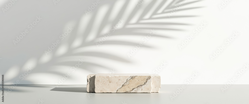 Aufkleber textured marble block display with palm leaf shadow
