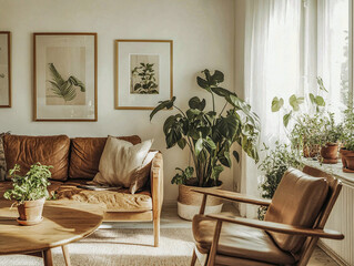 Soft natural light filters through large windows, illuminating a warm living room adorned with a brown leather sofa and stylish wooden coffee table