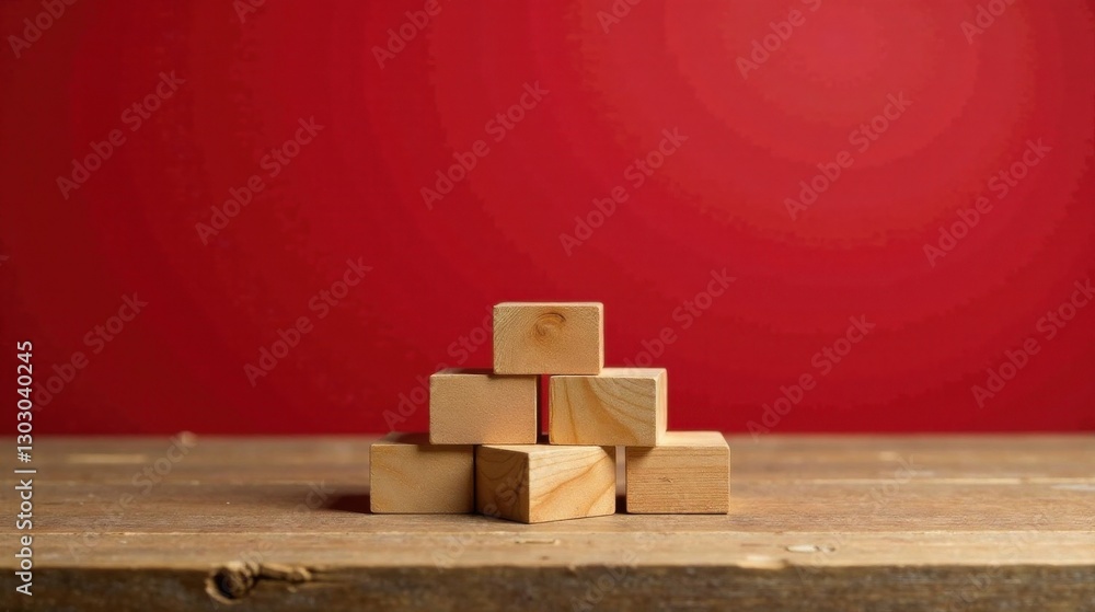 Aufkleber simple wooden blocks arranged in a pyramid shape on a rustic wooden surface against a bold red backg