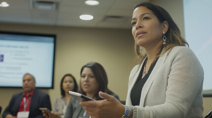 Woman Is Main Focus, Actively Participating Business Meeting. Holds Tablet Phone, Appearing Engaged Discussion Presentation. Other Attendees Are Visible Background, Suggesting Collaborative