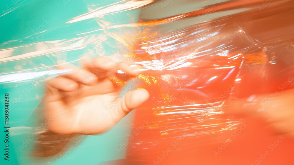 Aufkleber abstract image of hand reaching through colorful plastic wrap, creating sense of movement and fluidi