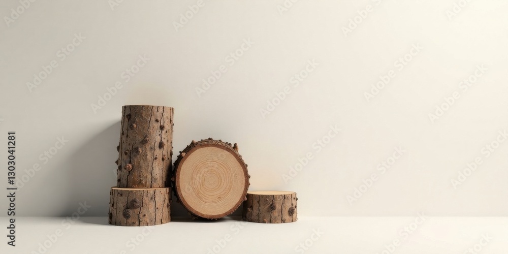 Poster rustic wooden log slices arranged on a minimalist white surface creating a natural and simple displa