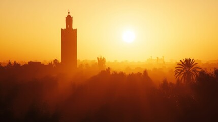 Fototapeta premium Tower silhouette sunrise over hazy orange landscape.