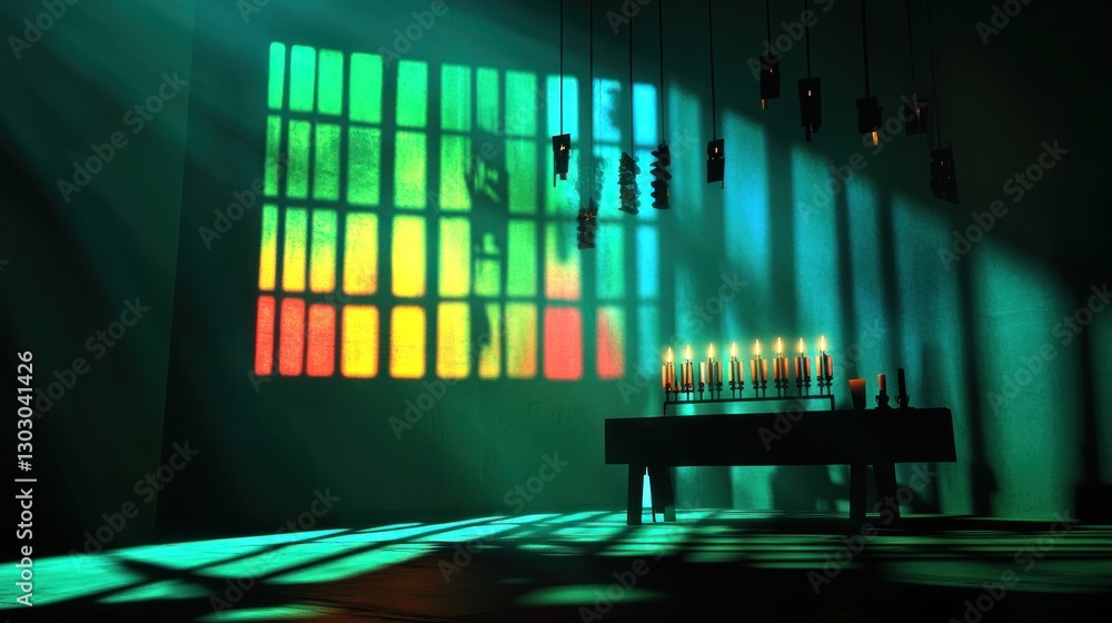 Poster a dimly lit room with colorful light patterns and candles, creating a mysterious atmosphere.