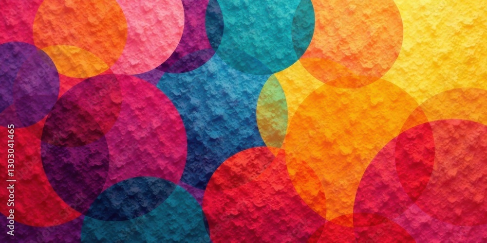 Poster Vibrant Abstract Composition Featuring Overlapping Circles on a Textured Background with a Spectrum of Bold Hues