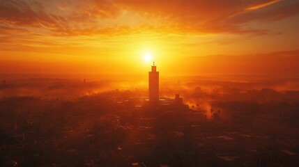 Fototapeta premium City bathed in brilliant orange sunlight.