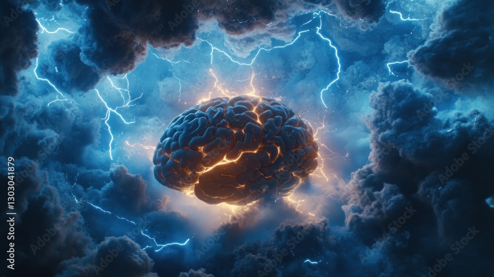 Poster a brain surrounded by clouds and lightning, symbolizing thought and creativity.