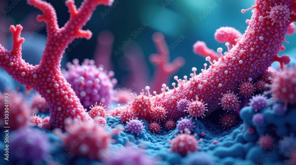 Aufkleber Microscopic View of Interconnected Viral Structures Exhibiting Complex Cellular Interactions and Morphologies