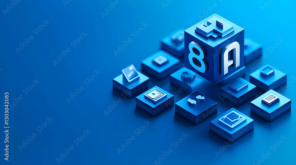 Poster blue 3d cube with digital icons on a gradient background